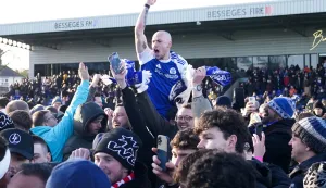 Macclesfield Town's Josh Kay celebrates with fans following the Emirates FA Cup third round match at the Leasing.com Stadium, Macclesfield. Picture date: Saturday January 10, 2026. Photo: martin Rickett/PRESS ASSOCIATION