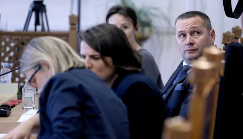 25.10.2023., Zagreb - Na zajednickoj sjednica Odbora za Ustav, Poslovnik i politicki sustav i Odbora za informiranje, informatizaciju i medije oporbeni zastupnici su pokusali na dnevni red staviti raspravu o jucerasnjim dogadjanima u Saboru. Photo: Patrik Macek/PIXSELL