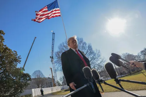 US President Donald J. Trump delivers remarks to the news media as he walks to board Marine One on the South Lawn of the White House in Washington, DC, USA, 13 January 2026. President Trump is traveling to Detroit, Michigan to deliver remarks at the Detroit Economic Club. Photo: Sipa USA/SIPA USA