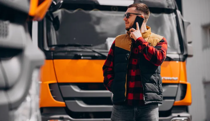 Handsome man truck driver standing by the truck