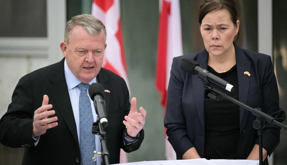 (L/R) Danish Foreign Minister Lars L?kke Rasmussen and Greenland's Foreign Minister Vivian Motzfeldt speak during a news conference at the Danish Embassy in Washington, DC, on January 14, 2026. Denmark and Greenland's top diplomats held high-stakes talks at the White House on Wednesday, with President Donald Trump warning it was "vital" for the United States to take control of the Arctic island. (Photo by Oliver Contreras/AFP)