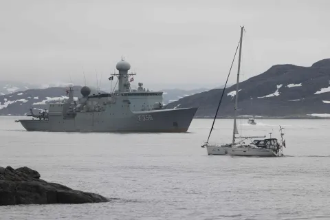 (FILES) The Danish fleet's frigate Triton is pictured in Nuuk, Greenland, on June 15, 2025. Denmark will beef up its military presence in Greenland "from today", the defence ministry said on January 14, 2026, just before high-stakes talks were to start in Washington over US President Donald Trump's threats to take over the Arctic island. (Photo by Ludovic MARIN/AFP)