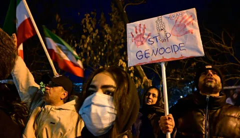 Iranians residing in Armenia hold a demonstration in solidarity with Iranian protestors, outside the Iranian embassy in Yerevan on January 15, 2026. A protest movement across Iran, initially sparked by economic grievances, has turned into one of the biggest challenges yet to the clerical leadership since it took power in 1979. (Photo by KAREN MINASYAN/AFP)