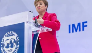 epa12037167 IMF Managing Director Kristalina Georgieva delivers remarks during her 2025 Spring Meetings' Curtain Raiser Speech at the IMF headquarters in Washington, DC, USA, 17 April 2025. During her speech ahead of next weeks World Bank Group and IMF 2025 Spring Meetings, Director Georgieva shared that economic growth will be lower and some countries face higher inflation amidst trade tensions, rising economic uncertainty and financial market stress. EPA/SHAWN THEW