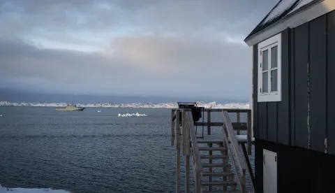 A naval vessel patrols on January 15, 2026 in Nuuk, Greenland. (Photo by Alessandro RAMPAZZO/AFP)