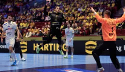 Georgia's wing #07 Khazein Rustamov shoots the ball during the EHF Euro 2026 group E preliminary round handball match between Croatia and Georgia in Malmo, Sweden, on January 17, 2026. (Photo by Andreas Hillergren/TT/TT News Agency/AFP)/Sweden OUT
