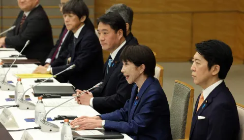 Japan's Prime Minister Sanae Takaichi (2nd R) takes part in the Japan-Italy summit meeting with Italy's Prime Minister Georgia Meloni in Tokyo on January 16, 2026. (Photo by Takashi Aoyama/POOL/AFP)