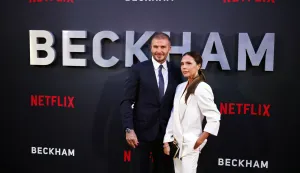 epa10897773 British former soccer player David Beckham (L) and his wife, British fashion designer Victoria Beckham attend the premiere of 'Beckham' at the Curzon Mayfair, London, Britain, 03 October 2023. The four-part documentary series launches on Netflix on 04 October 2023. EPA/Tolga Akmen