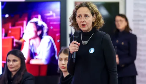 11.11.2025., Zagreb, Zagrebacki Velesajam - Ministrica kulture i medija Nina Obuljen Korzinek i clanica uprave FINA-e Vinka Ilak predstavile su projekt Kulturna iskaznica u okviru Premium programa sajma knjiga Interliber. Nina Obuljen Korzinek. Photo: Igor Kralj/PIXSELL