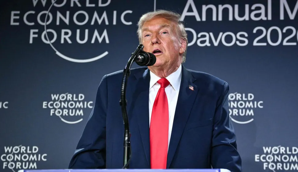 US President Donald Trump speaks during a reception with business leaders on the sidelines of the World Economic Forum (WEF) annual meeting in Davos on January 21, 2026. The World Economic Forum takes place in Davos from January 19 to January 23, 2026. (Photo by Mandel NGAN/AFP)