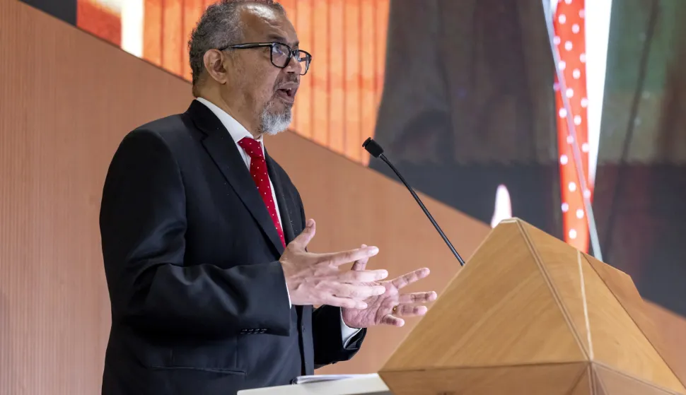 epa12118897 Tedros Adhanom Ghebreyesus, Director General of the World Health Organization (WHO), speaks about the adoption of the WHO Pandemic Agreement, aimed at avoiding a repeat of the mistakes made during the COVID-19 crisis, during the 78th World Health Assembly (WHA78) at the European headquarters of the United Nations in Geneva, Switzerland, 20 May 2025. The Assembly is being held from 19 to 27 May, with this year's theme being 'One World for Health.' EPA/MAGALI GIRARDIN