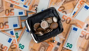 Financial concept with coins in purse on banknote and plaster background flat lay. ilustracija novac bogatasi bogatstvo banka &scaron;tednja kovceg torba freepik