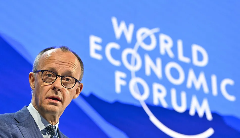 Germany's Chancellor Friedrich Merz delivers a special address during the World Economic Forum (WEF) annual meeting in Davos on January 22, 2026. The World Economic Forum takes place in Davos from January 19 to January 23, 2026. (Photo by Fabrice COFFRINI/AFP)