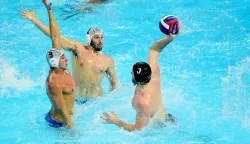 23, January, 2026, Belgrade - The first semi-final match of the 37th European Men's Water Polo Championship - Belgrade 2026 between the teams of Greece and Hungary was played at the Belgrade Arena. Aristeidis Chalyvopoulos, #9 (Greece), Konstantinos Genidounias, #2 (Greece), Krisztian Manhercz, #3 (Hungary). Photo: Dusan Milenkovic/ATAImages23, januar 2026, Beograd - Prva polufinalna utakmica 37. Evropskog vaterpolo prvenstva za muskarce - Beograd 2026. izmedju selekcija Grcke i Madjarske odigrana je u Beogradskoj Areni. Photo: Dusan Milenkovic/ATAImages Photo: Dusan Milenkovic/PIXSELL