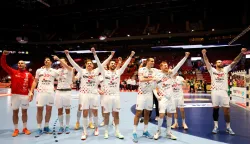 Croatia's team celebrates the victory over Iceland during the men's EHF Euro 2026 main round handball match Iceland v Croatia in Malmoe, Sweden, on January 23, 2026. (Photo by Andreas Hillergren/TT/various sources/AFP)/Sweden OUT