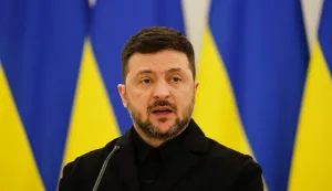 Ukraine's President Volodymyr Zelensky speaks during a joint press conference with Lithuania's President and Poland's President, after attending commemorations of the 1863 uprising, in Vilnius on January 25, 2026. (Photo by Petras Malukas/AFP)