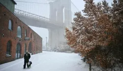 A person and their dog walk near the Brooklyn Bridge as snow falls in the Brooklyn borough of New York City on January 25, 2026. A massive winter storm on January 24 dumped snow and freezing rain from New Mexico to North Carolina as it swept across the United States towards the northeast, threatening tens of millions of Americans with blackouts, transportation chaos and bone-chilling cold. After battering the country's southwest and central areas, the storm system began to hit the heavily populated mid-Atlantic and northeastern states as a frigid air mass settled in across the nation. (Photo by ANGELA WEISS/AFP)