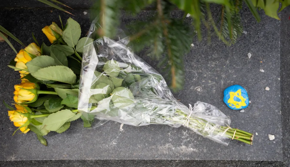 Osijek, 27. 1. 2026., Dan sjećanja na žrtve holokausta, Park Oscara Nemonaholokaust; dan sjećanja; žrtve holokausta; Oscar Nemon; skulptura; Majka i dijete; Židovska općina Osijek; polaganje vijenaca; kamen spoticanja; detalj; ilustracija