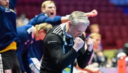 Iceland's coach Snorri Steinn Gudjonsson celebrates during the men's EHF Euro 2026 main round handball match Slovenia v Iceland in Malmoe, Sweden, on January 28, 2026. (Photo by Johan NILSSON/TT NEWS AGENCY/AFP)/Sweden OUT
