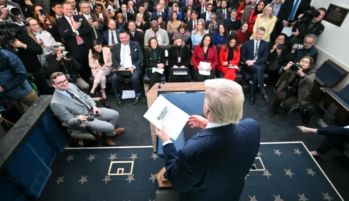 US President Donald Trump speaks during a briefing in the Brady Briefing Room of the White House in Washington, DC, on January 20, 2026. The White House said President Donald Trump will hold a press conference Tuesday exactly a year into his second term, amid acute international tension over his drive to take over Greenland. (Photo by Mandel NGAN/AFP)