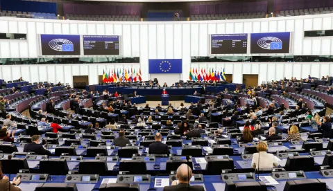 11 March 2025, France, Stra?burg: Ursula von der Leyen (CDU), President of the European Commission, stands in the European Parliament building and speaks. MEPs want to discuss the future of European defense with EU Commission President von der Leyen and EU Council President Costa. Debates on women's rights, migration policy and the so-called Clean Industrial Deal are also on the agenda. Photo: Philipp von Ditfurth/dpa Photo: Philipp von Ditfurth/DPA