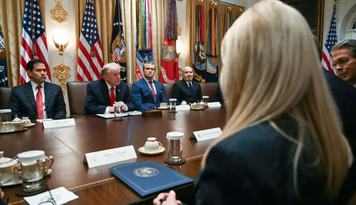 US President Donald Trump listens during a cabinet meeting in the Cabinet Room of the White House in Washington, DC, on January 29, 2026. Also pictured from L/R are US Secretary of State Marco Rubio, US Secretary of Defense Pete Hegseth, Secretary of Commerce Howard Lutnick, Attorney General Pam Bondi and Secretary of Treasury Scott Bessent. (Photo by Brendan SMIALOWSKI/AFP)