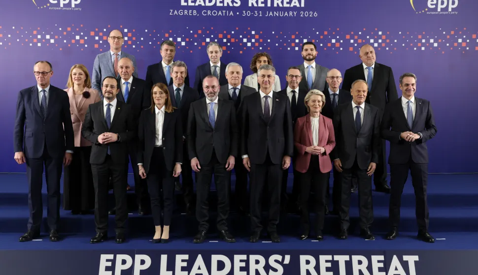 Zagreb, 30.01.2026 - Dvodnevni neformalan skup čelnika Europske pučke stranke (EPP), najveće europske političke grupacije, gdje brojni predsjednici država i vlada i čelnici europskih institucija razgovaraju o ključnim izazovima pred Europom dana&scaron;njice i transatlantskim odnosima. Na slici čelnici EPP-a pozirali su za zajedničku fotografiju.foto HINA/ Damir&nbsp;SENČAR/&nbsp;ds
