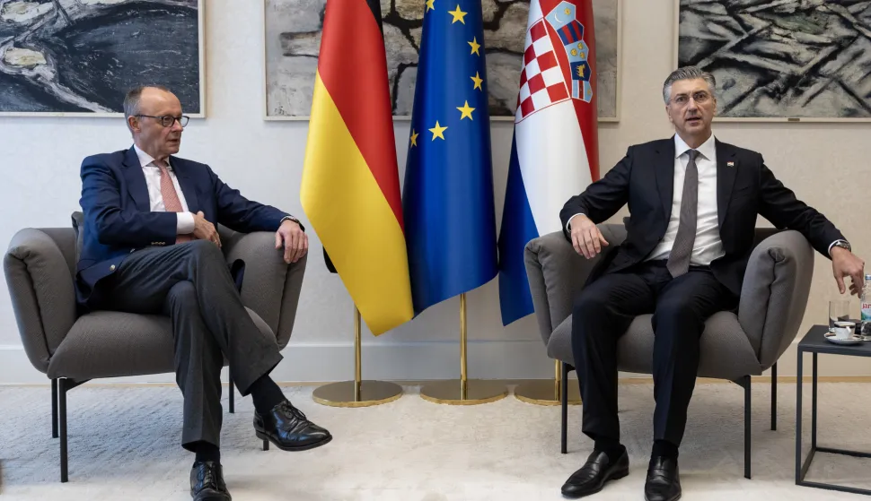 Zagreb, 31.01.2026 - Predsjednik Vlade Andrej Plenković primio je njemačkog kancelara Friedricha Merza u Banskim dvorima, u sklopu sastanka lidera Europske pučke stranke. Na slici Andrej Plenković, Friedrich Merz.foto HINA/ Damir&nbsp;SENČAR/&nbsp;ds
