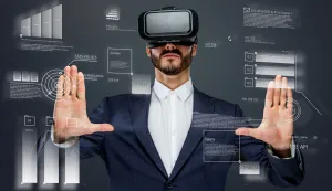 Male in a suit with virtual reality glasses on his head working in virtual financial world.posao gospodarstvo umjetna inteligencija UI AI tehnologija virtualna stvarnost ilustracija freepik