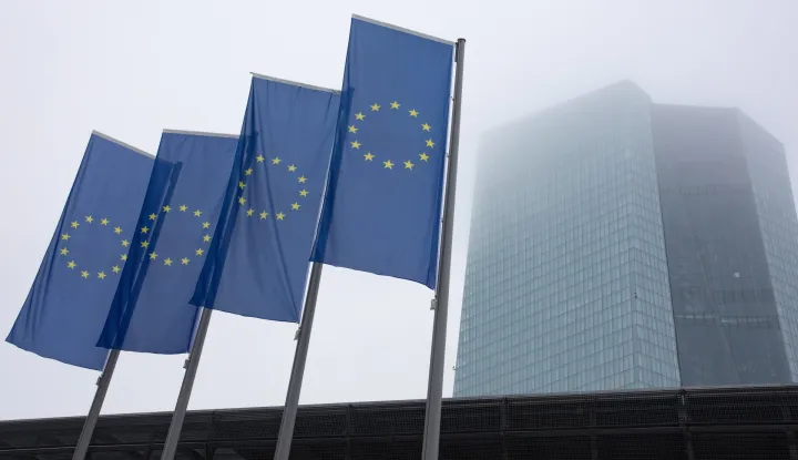 epa10367225 EU flags outside the European Central Bank (ECB) office building complex in Frankfurt am Main, Germany, 15 December 2022. The ECB raised on 15 December its key interest rate by 0.5 point to 2.5 percent. EPA/ANDRE PAIN