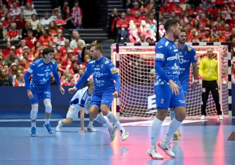 Croatia's wing #39 David Mandic (2nd L) celebrates a goal during the men's EHF Euro 2026 third place handball match Iceland vs Croatia in Herning, Denmark, on February 1, 2026. (Photo by Jonathan Nackstrand/AFP)