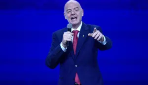 FIFA President Gianni Infantino speaks during a commemorative event marking the 10th anniversary of CONMEBOL President Alejandro Dominguez's work as the head of the South American Football Confederation in Luque, Paraguay on January 26, 2026. (Photo by Daniel DUARTE/AFP)