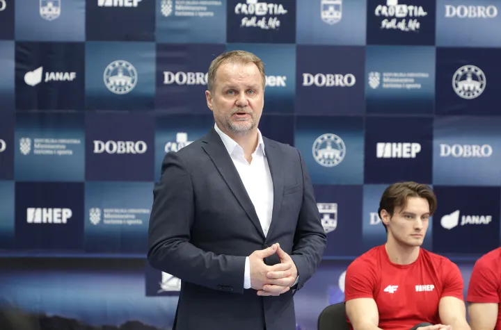 Osijek, 09. 04. 2025., Velika dvorana Gradski vrt, press konferencija, konferencija za medije, Hrvatska gimnastička reprezentacija, predstavnici Hrvatske, natjecatelji, DOBRO WORLD CUP, Vladimir Mađarević - direktor natjecanjaSNIMIO BRUNO JOBST