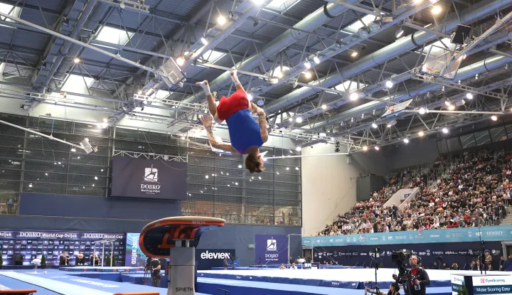 Osijek, 13. 04. 2025., Dvorana Gradski vrt, DOBRO World Cup, DOBRO World Cup 2025, finale, finale nedjelja, preskok, Aurel Benović SNIMIO BRUNO JOBST