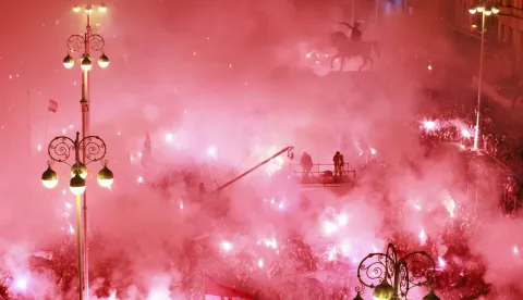 Zagreb, 02.02.2026. - Doček hrvatske rukometne reprezentacije na Trgu bana Jelačića u organizaciji Vlade RH nakon osvajanja brončane medalje na Europskom rukometnom prvenstvu. foto HINA/ Lana SLIVAR DOMINIĆ/ lsd