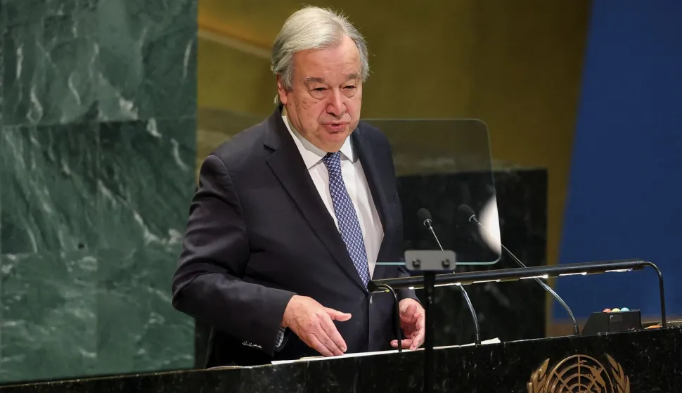 United Nations Secretary-General Antonio Guterres speaks on 2026 priorities to the UN General Assembly at UN Headquarters in New York City on January 15, 2026. (Photo by ANGELA WEISS/AFP)