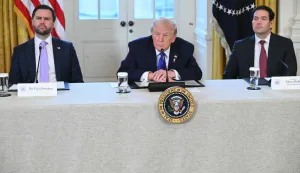 (L-R) US Vice President JD Vance, US President Donald Trump and US Secretary of State Marco Rubio look on during a meeting with US oil companies executives in the East Room of the White House in Washington, DC on January 9, 2026. President Trump is aiming to convince oil executives to support his plans in Venezuela, a country whose energy resources he says he expects to control for years to come. US forces seized Venezuelan president Nicolas Maduro in a sweeping military operation on January 3, with Trump making no secret that control of Venezuela's oil was at the heart of his actions. (Photo by SAUL LOEB/AFP)