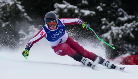 Canada's James Crawford competes in the third official training for the men's alpine skiing event ahead of the Milano Cortina 2026 Winter Olympic Games at the Stelvio Ski Centre in Bormio (Valtellina) on February 6, 2026. (Photo by Dimitar DILKOFF/AFP)