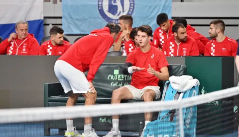 Vara?din, 6.2.2026.- Prvo dan Davis Cup susreta teniskih reprezentacija Hrvatske i Danske, susret Mateja Dodiga i Elmera Moellera. Na slici Matej Dodig. foto HINA/ Marko Jurinec/ uia