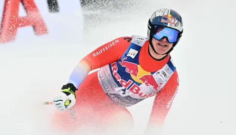Switzerland's Franjo Von Allmen reacts in the finish area during the Men's Downhill event of the FIS Alpine Skiing World Cup in Kitzbuhel, Austria, on January 24, 2026. (Photo by Joe Klamar/AFP)