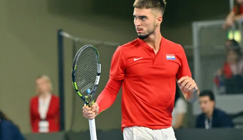 07.02.2026., VaraždinDavis cup meč između reprezentacija Hrvatske i Danske. Meč između Dine Prizmića i Elmera MoelleraNa fotografiji Dino PrizmićPhoto: Marko Jurinec /HINA