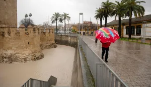 A man walks with his umbrella as Guadalquivir River's floodwaters cover an area in Cordoba on February 7, 2026. Spain and Portugal today braced for another storm, named Marta, heading for the Iberian peninsula, just days after the floods caused by Storm Leonardo proved fatal in both countries. (Photo by JORGE GUERRERO/AFP)