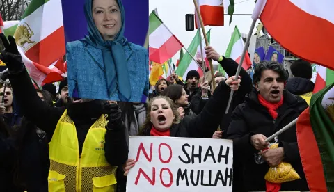 Supporters of Maryam Rajavi, leader of the People's Mujahedin of Iran (MEK), take part in a demonstration against the Iranian government, in Berlin on February 7, 2026. (Photo by John MACDOUGALL/AFP)
