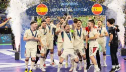 Ljubljana, 07.02.2026 - Finalna utakmica Europskog prvenstva u futsalu: Portugal - ?panjolska. Na slici slavlje igra?a ?panjolske.foto HINA/ STA/ Bor SLANA/ ik