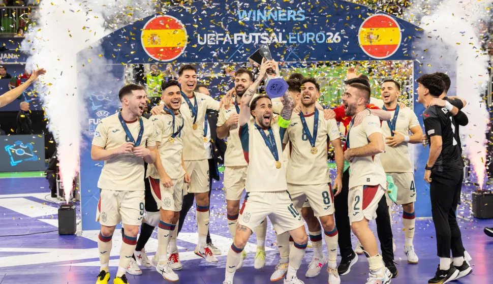 Ljubljana, 07.02.2026 - Finalna utakmica Europskog prvenstva u futsalu: Portugal - ?panjolska. Na slici slavlje igra?a ?panjolske.foto HINA/ STA/ Bor SLANA/ ik