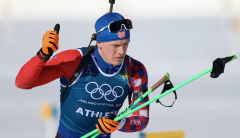 Antholz-Anterselva, 08.02.2026 - Članovi hrvatske biatlonske reprezentacije u Antholz-Anterselvi na Zimskim Olimpijskim igrama Milano-Cortina 2026. Na slici Matija Legović tijekom službenog treninga.foto HINA/ Damir SENČAR/ ds