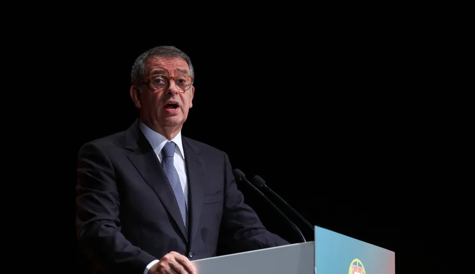 Newly elected Portugal's President socialist Antonio Jose Seguro talks to media and supporters after the results of the second-round vote in Lisbon on February 8, 2026. Centre-left candidate Antonio Jose Seguro's won over a far-right candidate in Portugal's presidential election. (Photo by PATRICIA DE MELO MOREIRA/AFP)