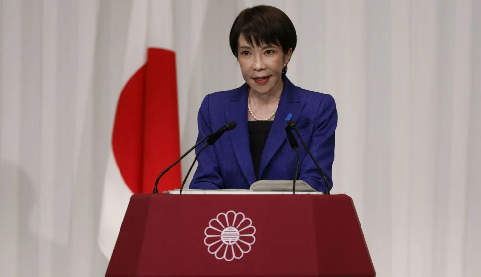 Japan's Prime Minister Sanae Takaichi, leader of the ruling Liberal Democratic Party (LDP), speaks during a press conference at the LDP headquarters in Tokyo on February 9, 2026. Japanese Prime Minister Sanae Takaichi said on February 9 she felt a "heavy responsibility" to make the country stronger and more prosperous after winning a landslide election victory. (Photo by Franck ROBICHON/POOL/AFP)