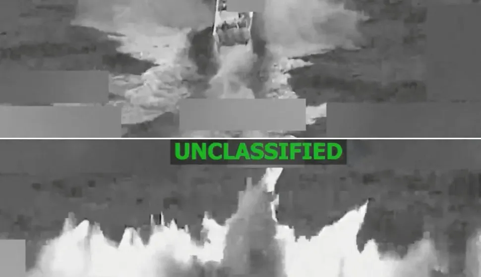 (COMBO) This combination of screen grabs from a video posted on the X account of US Southern Command (SOUTHCOM) on February 5, 2026, shows a vessel before (top) and during it being struck at the direction of Commander General Francis Donovan while allegedly transiting along narco-trafficking routes in international waters, on February 5, 2026. The US military on February 5, said it killed two alleged drug traffickers in a strike on a boat in the eastern Pacific, bringing the death toll from Washington's campaign to at least 128. "Intelligence confirmed the vessel was transiting along known narco-trafficking routes in the Eastern Pacific and was engaged in narco-trafficking operations," the US Southern Command said in a post on X, adding "no US military forces were harmed" in the operation. (Photo by Handout/US Southern Command/AFP)/RESTRICTED TO EDITORIAL USE - MANDATORY CREDIT "AFP PHOTO/US Southern Command's X Account/Handout" - NO MARKETING NO ADVERTISING CAMPAIGNS - DISTRIBUTED AS A SERVICE TO CLIENTS