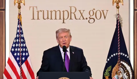 US President Donald Trump speaks about TrumpRx website in the South Court Auditorium of the White House in Washington, DC, on February 5, 2026. (Photo by SAUL LOEB/AFP)